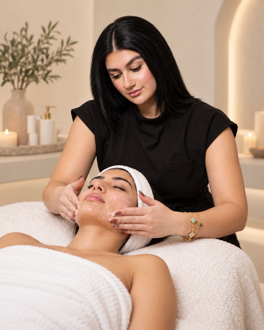 Esthetician giving a client a relaxing custom facial