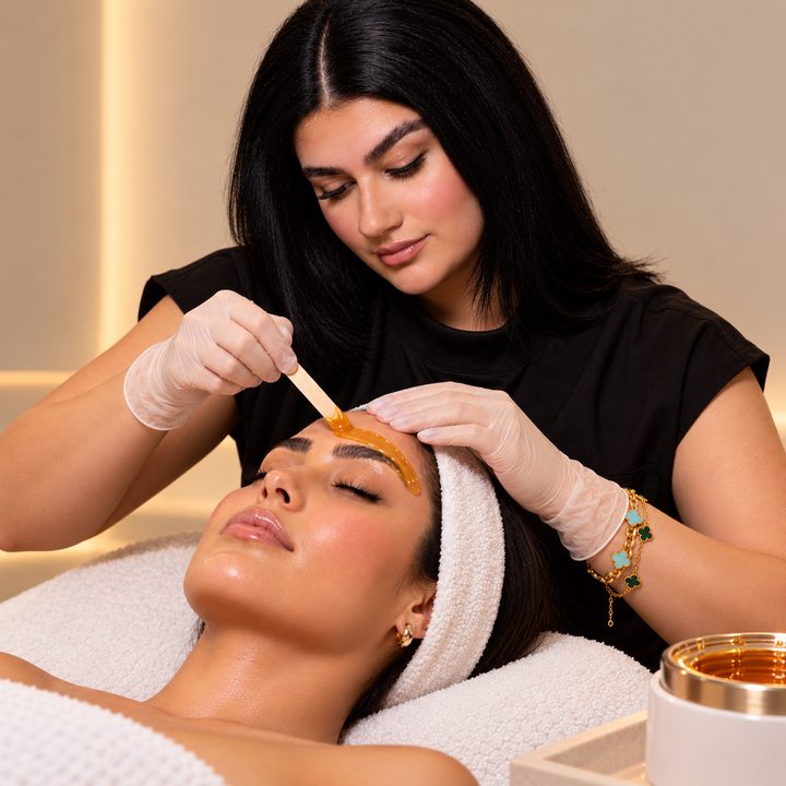 Hamsa waxing a client&rsquo;s brows